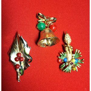 Christmas Pin/ Brooches Set of 3 Christmas Leaf, Candle & Bell Pins